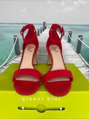 Gianni Bini Red Suede Ankle-Strap Block Heels